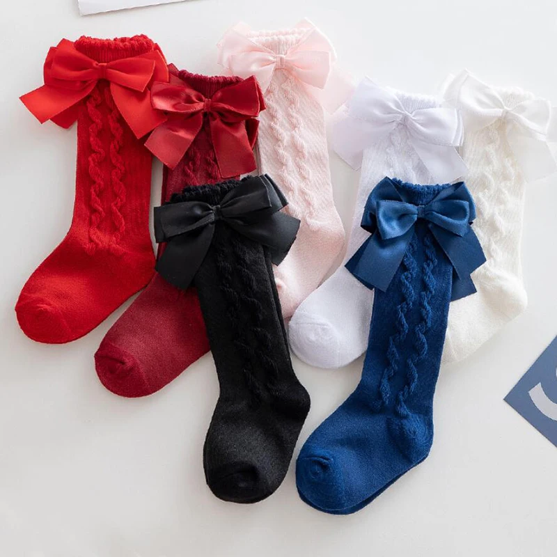 Chaussettes hautes avec gros nœuds pour fille, en coton, à tube long, pour enfant, princesse, pour Noël, nouvelle collection