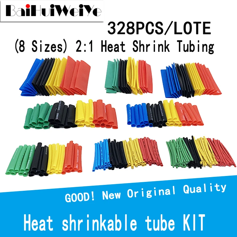 328PCS/LOTE Heat Shrink Tube Kit Shrinking Assorted Polyolefin Insulation Sleeving Heat Shrink Tubing Wire Cable 8 Sizes 2:1