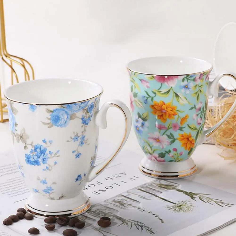 2023 Vintage Bone Ceramic Mugs Flower Print Milk Breakfast Coffee Mug Tea Cup with Handle Home Office Travel Cups Exquisite Gift