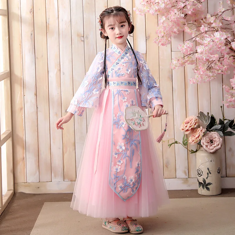 Kids  Winter Long Sleeve Chinese Lovely Traditional Party Dress Embroidery Girls Perform Costumes Children Ancient Hanfu