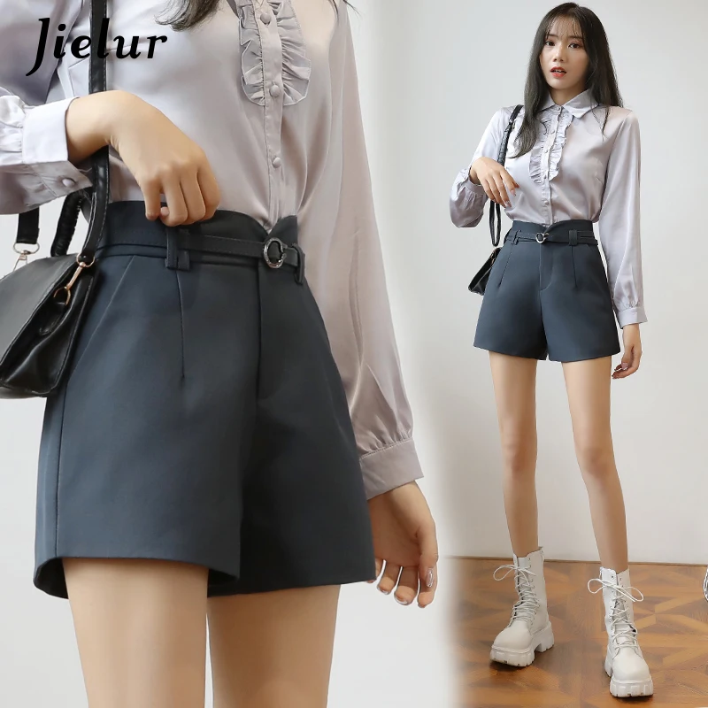 Jielur Chữ A Đen Phổ Biến Đai Quần Short Nữ Mùa Thu Xanh Dương Rời Thoải Mái Bỏ Túi Thời Trang Rộng-Chân Váy S-XL