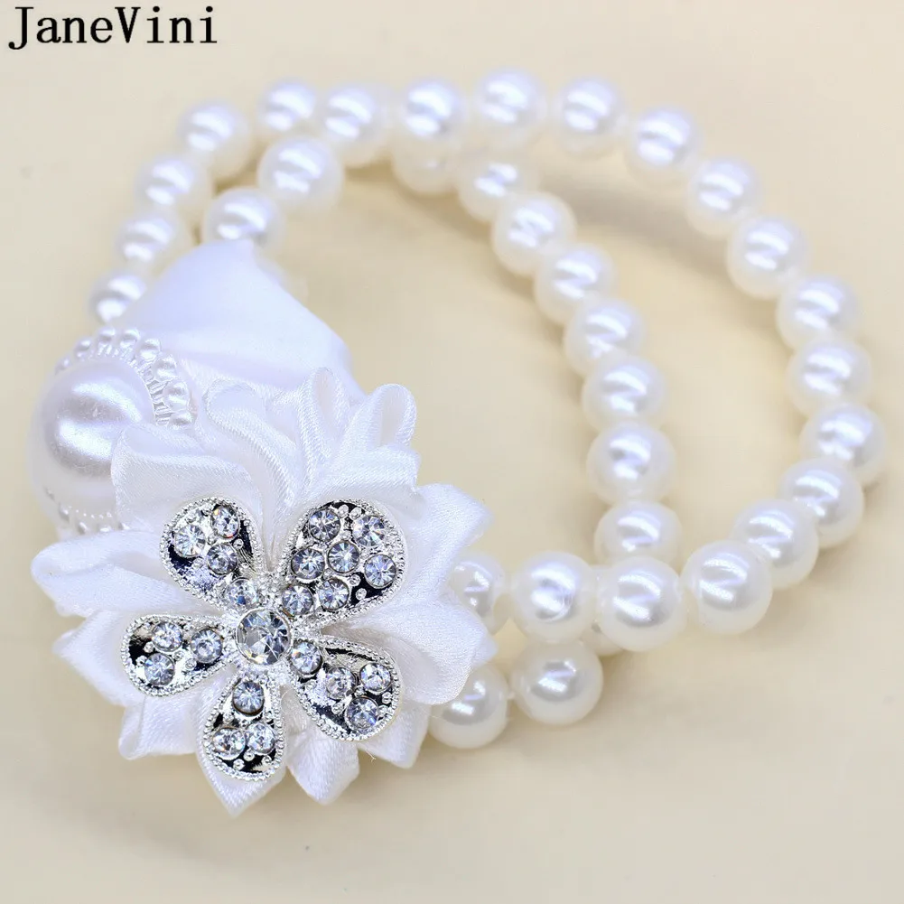 JaneVini Wrist Flower Corsage Set Silver Crystal Groom Men\'s Suit Brooch Boutonniere Pin Bride Bridesmaid White Flower Bracelet