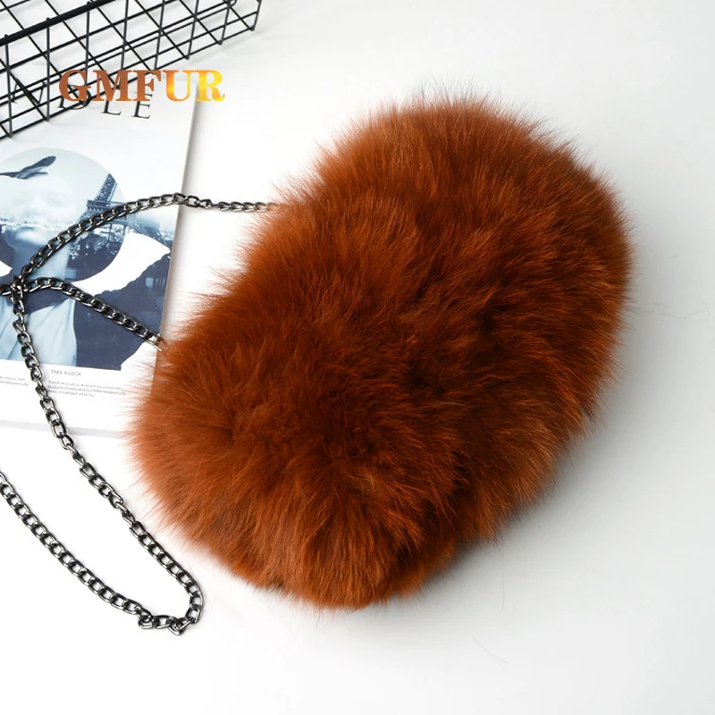 100% Real Fox Fur Hand Warmer Bag Winter New Ladies Authentic Fluffy Cute Brand Chain Shoulder Bag Fashion Luxury Handbag Women