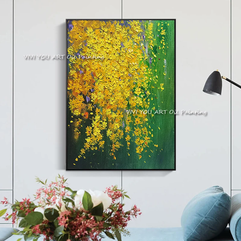 The New Nature Yellow Flower Plant Original Abstract Modern Thick Oil Painting Handpainted Textured Brush Wall Gold Drawings