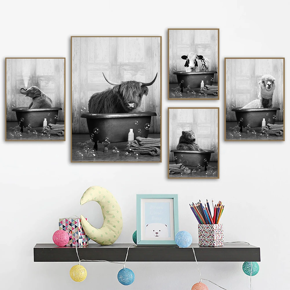 Animal in Bathtub Poster Print Giraffe Bear Elephant Cow Alpaca Bath Canvas Painting Nursery Wall Art Nordic Pictures Kids Room