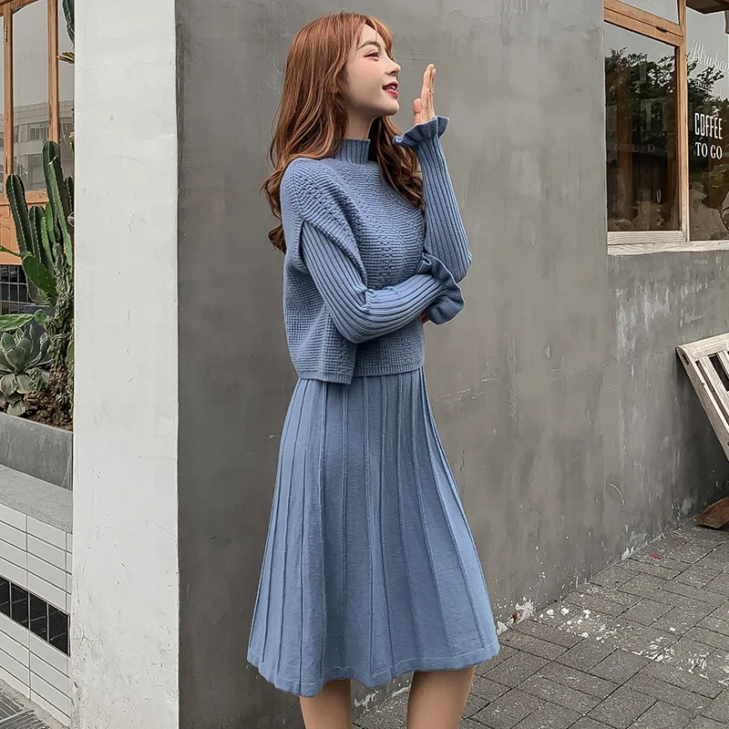 EHQAXIN 2023 Autumn Winter Knitted 2 Piece Set Women Long Sleeve Half High Collar Pullover Sweater + Ladies Knitting Skirt Suit