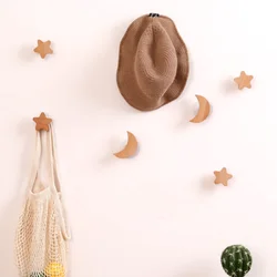 Gancho de pared de haya de madera maciza nórdica, gancho creativo adhesivo perforado gratis para porche, abrigo, sombrero, percha, estrella, Luna, decoración del hogar y Hotel