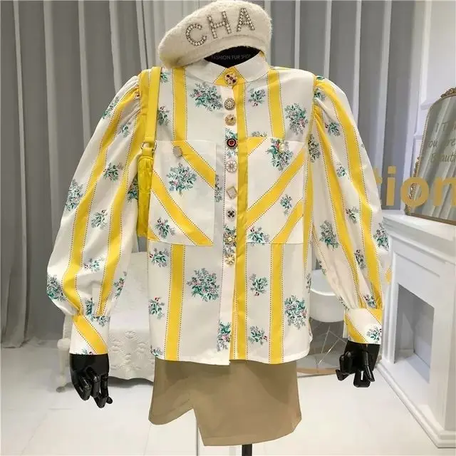 British Style Women Stripped Print Shirts Stand Colar Bottons Blouses Long Lantern Sleeve Floral Woman Shirts Blouses NS617