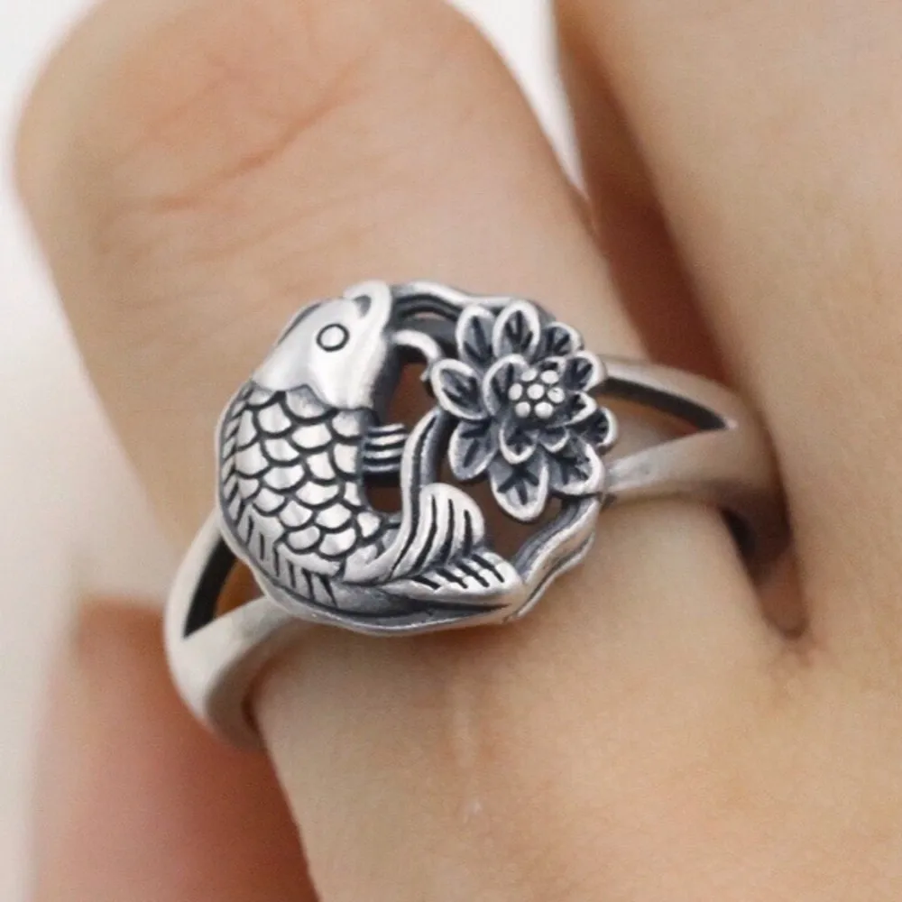 BOCAI New 100% Real Solid S925 Pure Silver Jewelry Lotus Fish Child Retro Style Good  Luck Koi Ring for Woman