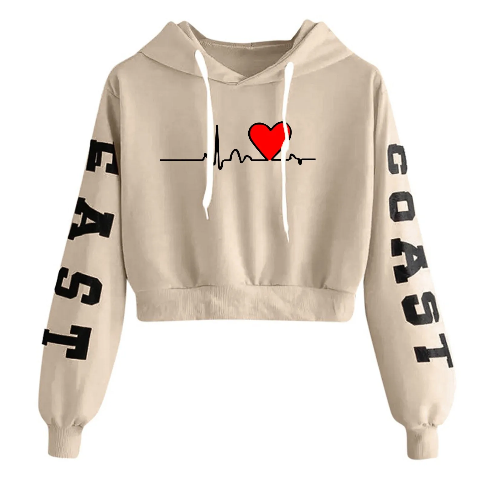 Letter Heart Print 90s Hoodie Woman Sweatshirt R Print Long Sleeve Short Tops Round Neck Sweatshirt Hooded Casual Daily Wear
