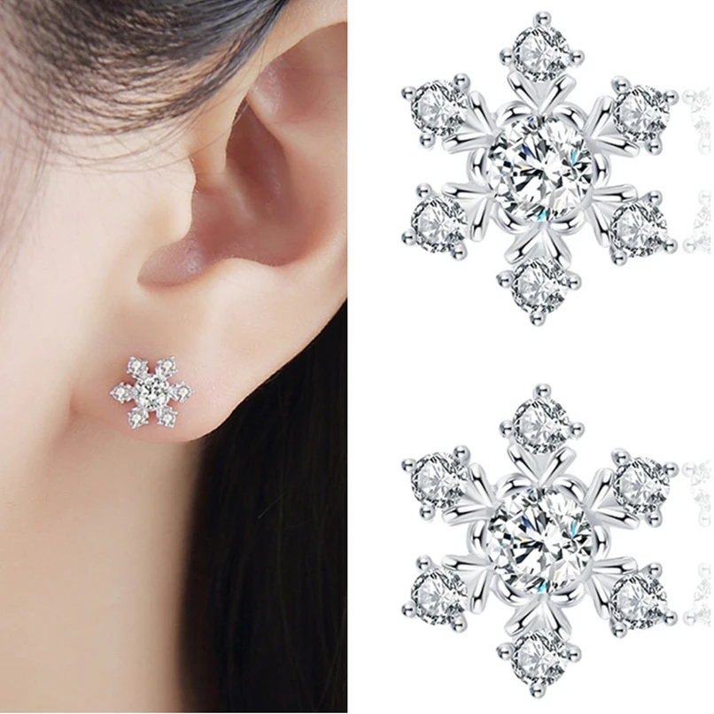 

Top Quality Sterling 925 Silver Earrings Women Jewelry Bright Crystal Snowflake Stud Earrings For Girls Christmas Accessories