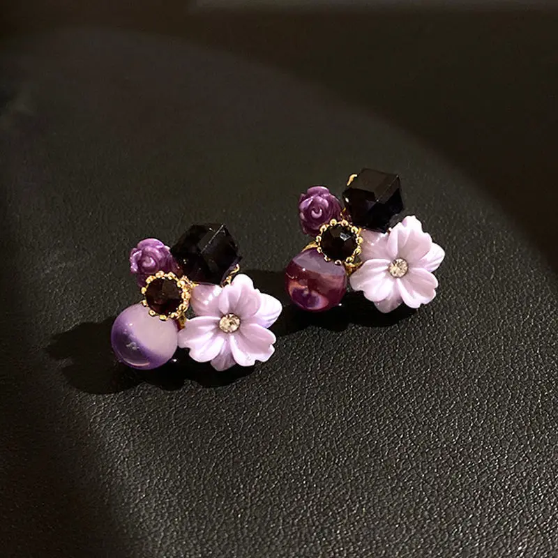 Earings Fashion Jewelry 2021 Vintage Grace Taro Purple Minority Temperament Amethyst Three-Dimensional Flower Stud Earrings