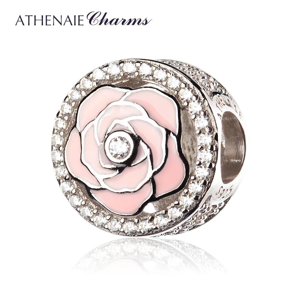 

ATHENAIE 925 Sterling Silver Pave Clear CZ Enamel Peony Flowers Bloom Bead Charms Color Light Pink