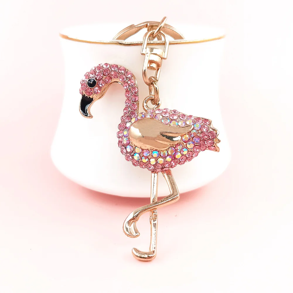 Shiny Rhinestone Flamingo Shape Cute Car Keychain Cell Phone Pendant Handbag Key Ring