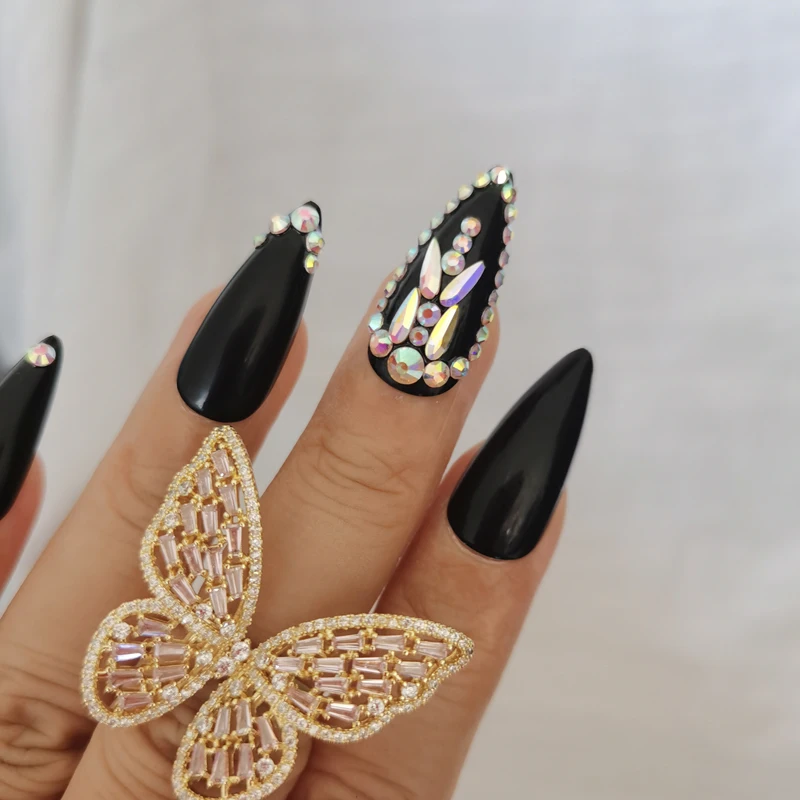 24pcs high-end fashion handmade crystal diamond long pointed fake nails sexy black