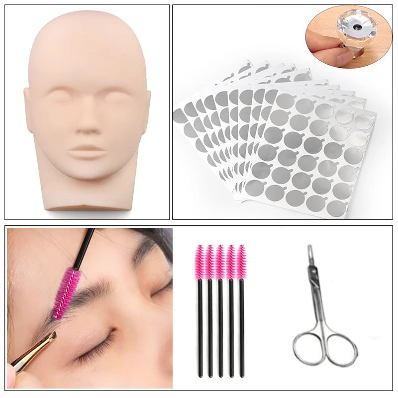 False Eyelash Extension Training Kit Practice Model Head Eye Pads Tweezers Glue Ring Brush Grafting Eyelash Tools Kit