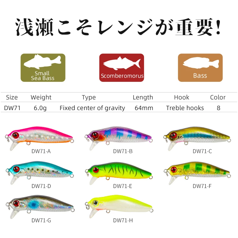 TSURINOYA 0-30m Shallow Runner Fishing Lure 64mm 6g DW71 Floating Minnow Pike Bass Jerkbait Artificial Hard Bait Crankbait