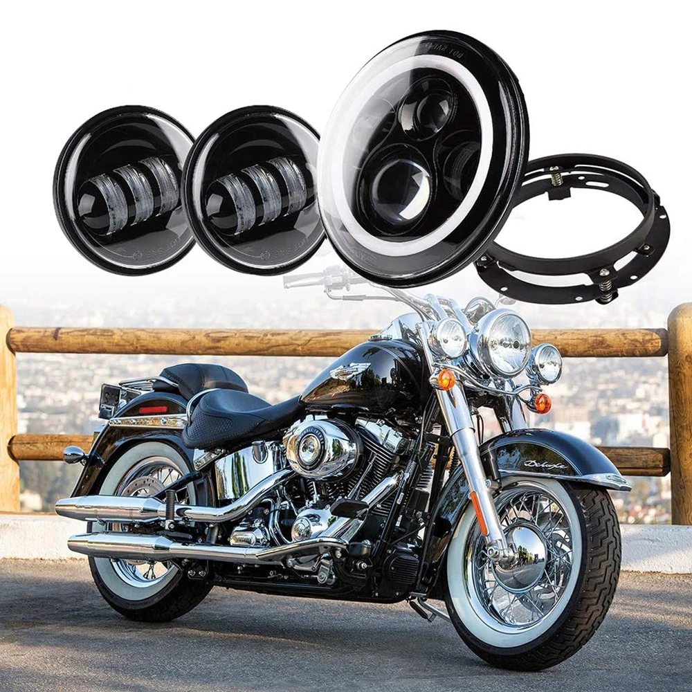 Motorcycle 7 Inch Round LED Headlight Halo Angel Eyes DRL With 4.5