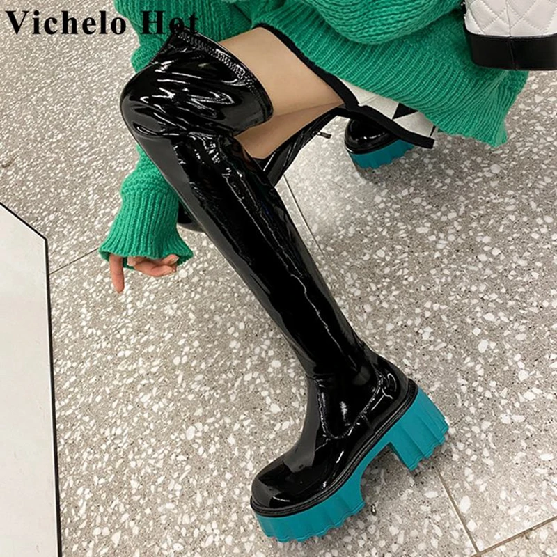 

Vichelo Hot breathable skinny boots winter cow split leather round toe preppy thick high heels platform over-the-knee boots l85