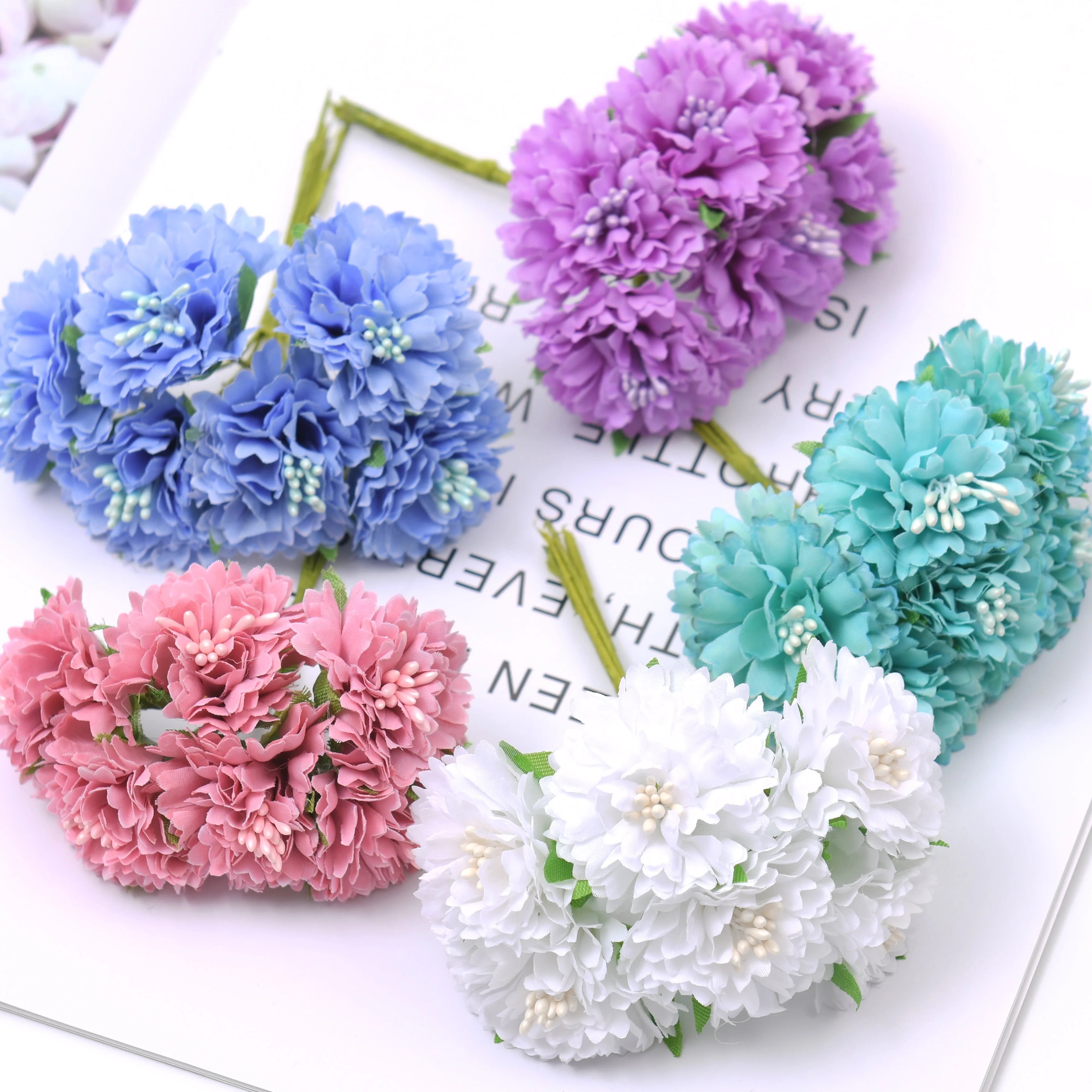 6pcs/Lot Mini Carnation Bouquet  Artificial Silk Flowers For Wedding Decoration DIY Scrapbooking Wreath Gift Craft Fake Flower