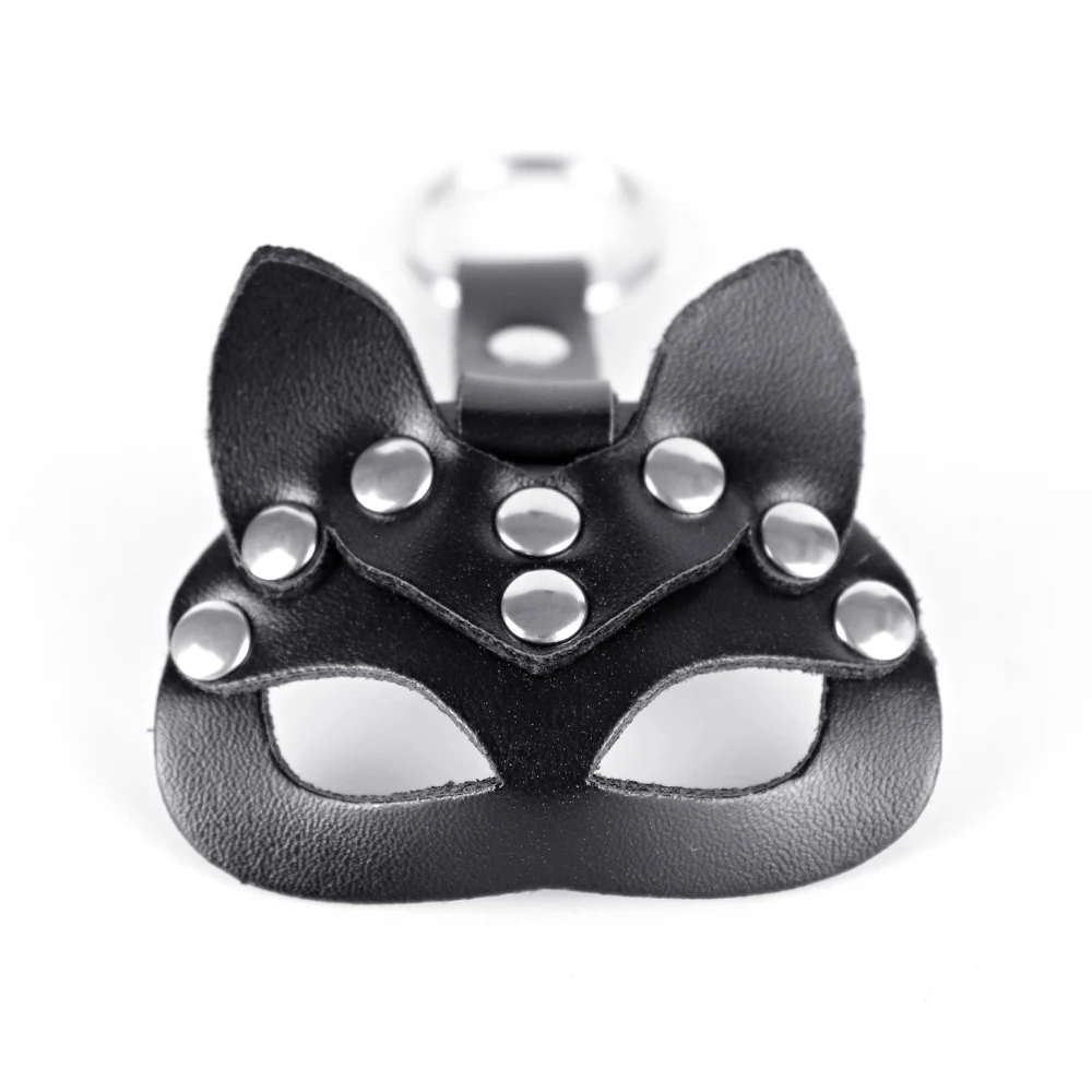 CEA Handmade Leather Car KeyChain Mini Cat Mask Shape Key Button Hollow Out Key Buckle Key Rings Toys Women Belt Pendant