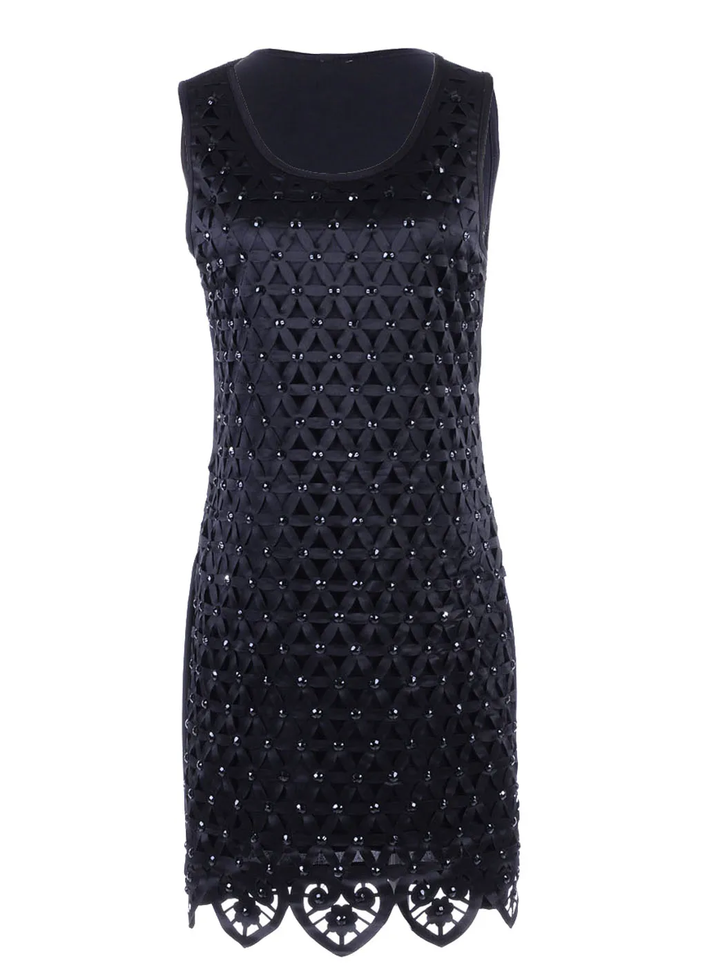 Women Fit Bead Embellished Basket Weave Pointed Hem Shift Dress Bodycon Mini Dress Female Skirt