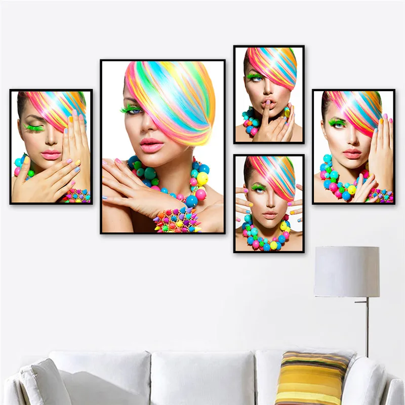 Modern Fashion Beauty Art Canvas Painting Poster or Print Colourful Hair Makeup Wall Pictures For Salon Beauty Shop Decor