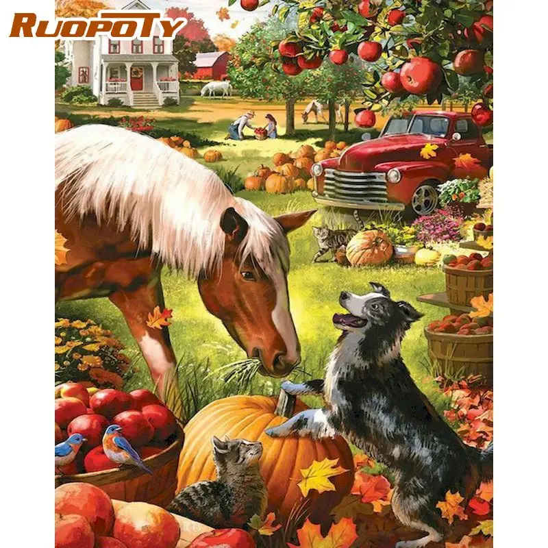 RUOPOTY – cadre Fruit paradis, peinture par numéros d'animaux, peint à la main, cadeau Unique pour décoration de maison, tableau d'art mural