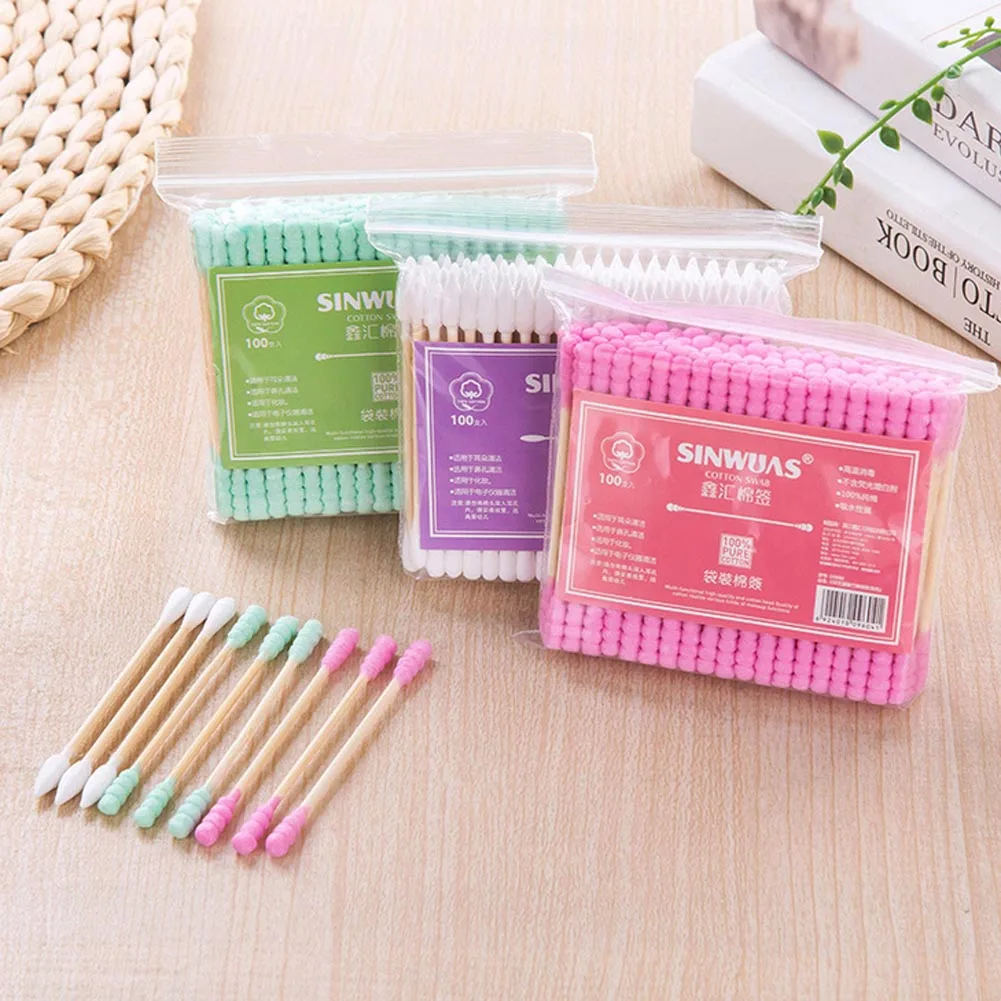 100pcs/ Pack Double Head Cotton Swab Women Makeup Cotton Buds Tip For Medical Wood Sticks Nose Ears Cleaning Health Care Tools