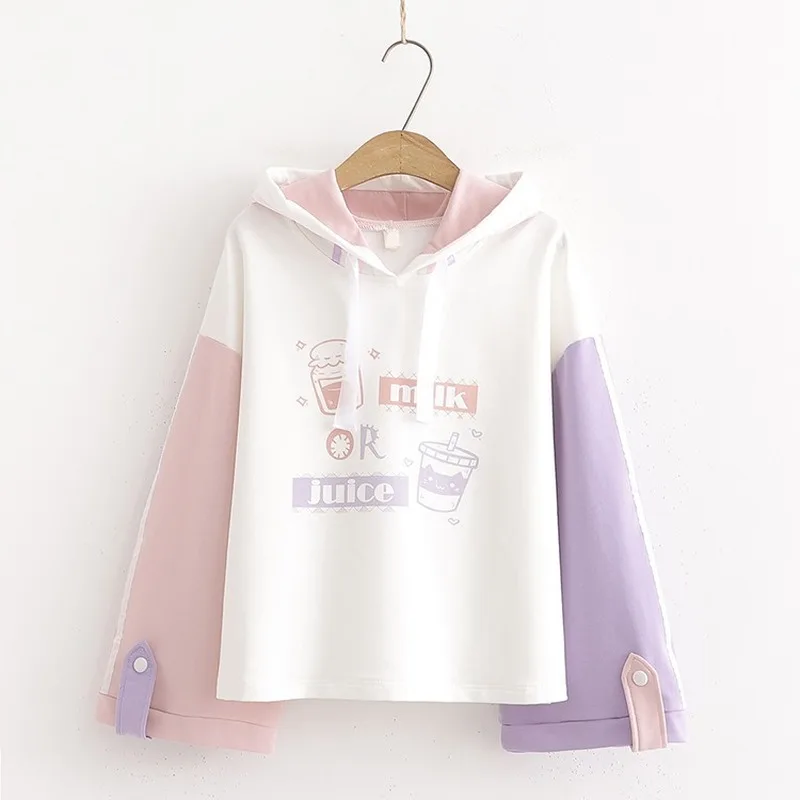 Harajuku Kawaii Teen Girl Hoodies Cute Cat Cartoon Graphic Women Sweetshirts Hooded Sweatshirt Vintage Striped Fashion Clothes