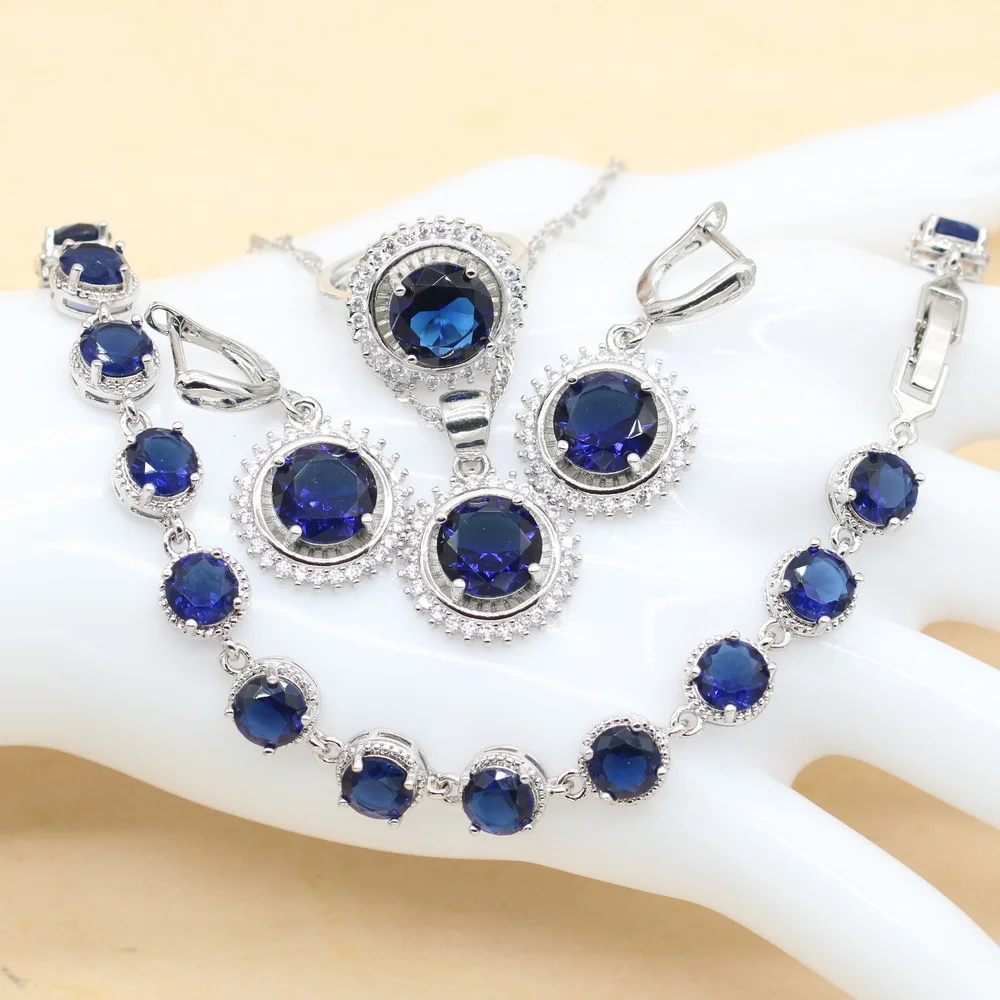 2022 925 Silver Wedding Jewelry Sets For Women Flower Shape Blue Zircon Bracelet Earrings Necklace Pendant Ring Gift Box