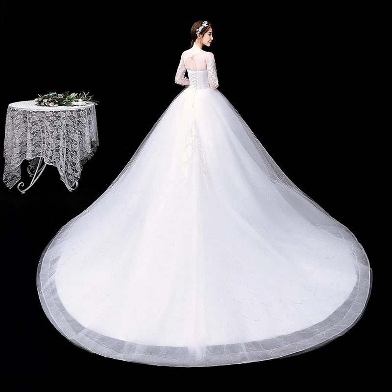 AnXin SH princess flower lace white party vintage o neck long sleeve illusion bride white sparkly customized wedding dress