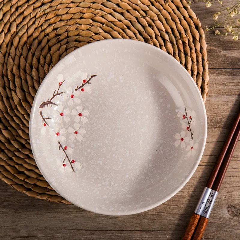 Japanese Ceramic Floral Round Dinner Plate Fruit Dessert Tray Glaze Cherry Blossom Porcelain Dish  Steak Snack Dishes