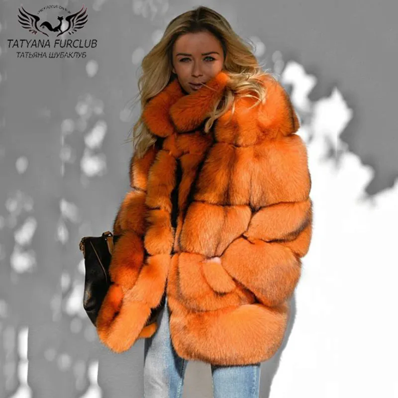 Fashion Natural Fox Fur Coat Medium Length Stand Collar Whole Skin Genuine Fox Fur Jackets Woman New Trendy Fur Overcoats