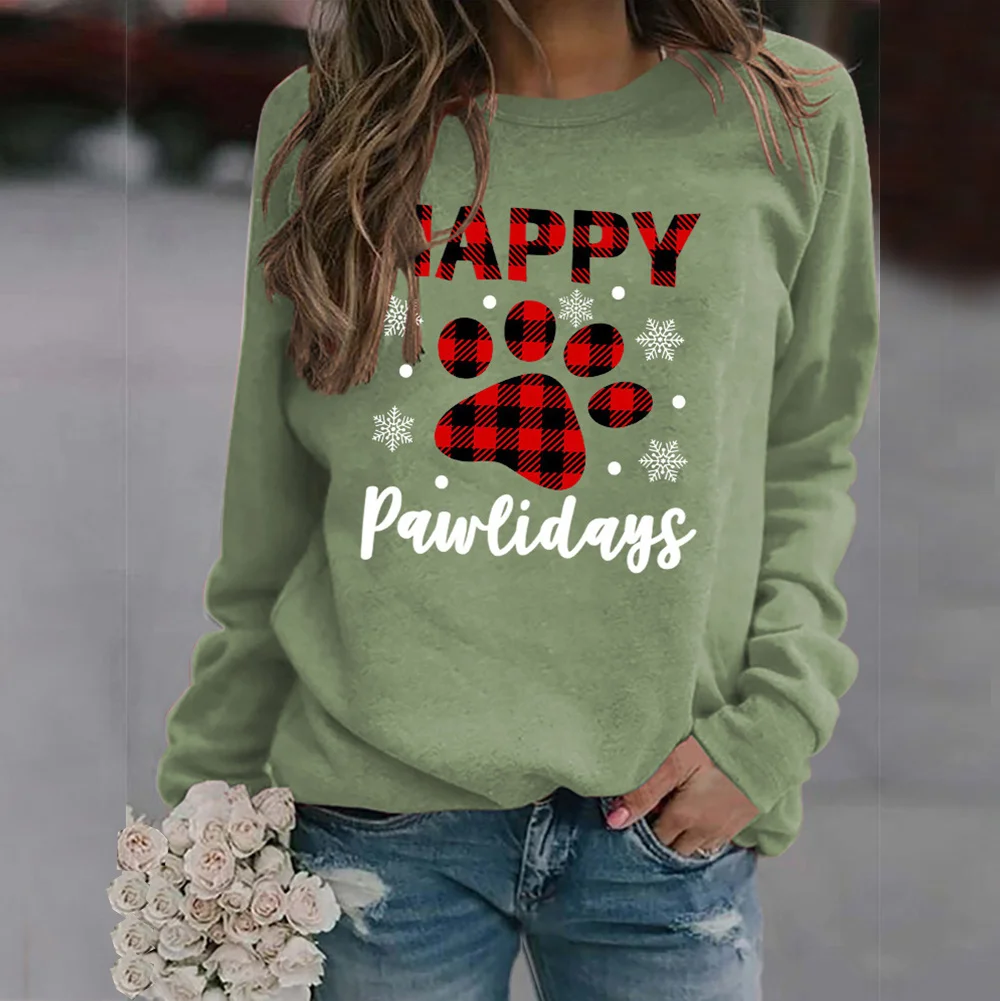 

Happy Pawlidays Dog Paw Snowflake Graphic Women's Aesthetic Sweatshirts Harajuku Kpop Round Neck Long Sleeve Sweatshirt Tops