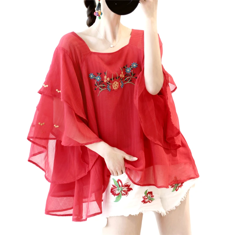 Summer Korean Sweet Kawaii Cute Red Chiffon Shirts Casual Oversize Loose Embroidery Blouses Women Clothes