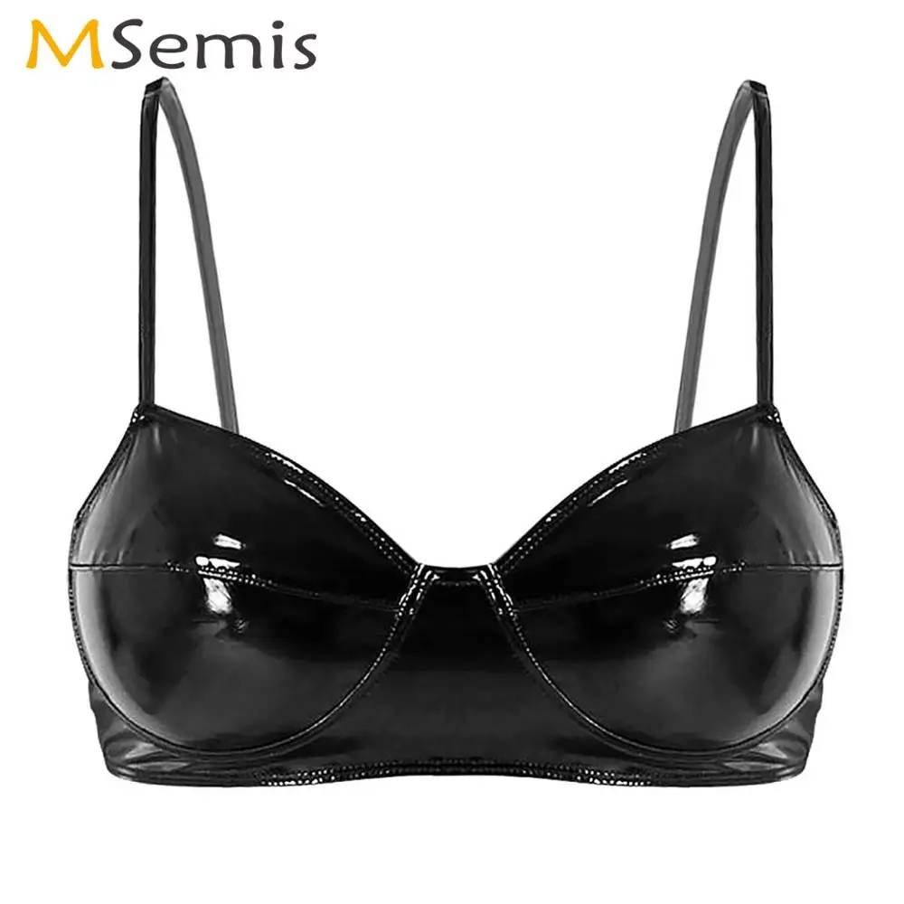 

Hot Women Lingerie Fashion Spaghetti Strap Push Up Bustier Top Sexy Shiny Wetlook Faux Leather Bra Club Pole Dance Rave Bralette