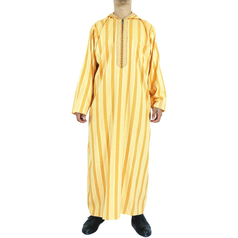 New Qatar Muslim Moroccan Long Sleeve Hooded Design Islamic Men\'s Cotton And Linen Stripe Robe Arabic Kaftan Men Worship Abaya