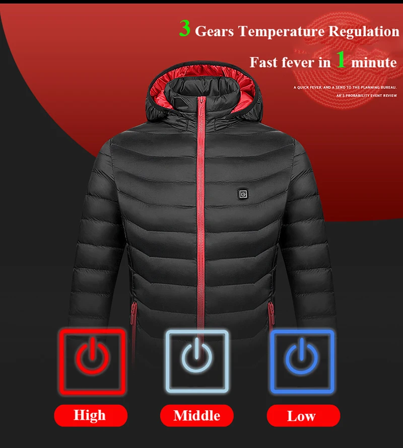 New Women Winter Warm USB Heating Jackets Smart Thermostat Pure Color Hooded Heated Clothing Waterproof Cold proof Warm Jackets