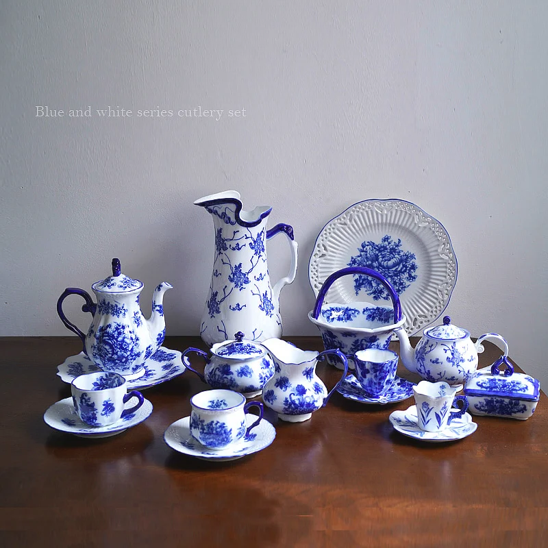 European hand painted Chinese blue and white series basket color ceramic afternoon tea set tableware plate and pot