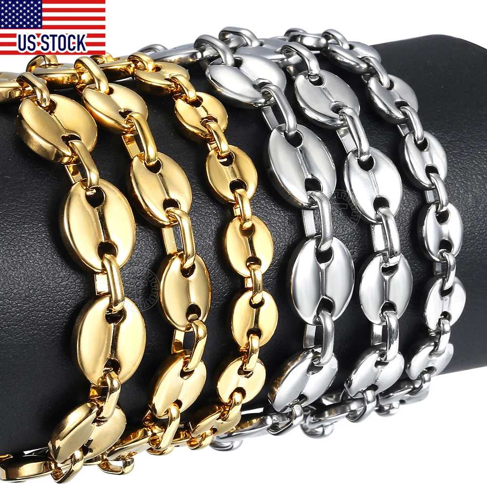 Coffee Beans Link Chain Bracelet  7/9/11mm Stainless Steel Gold Silver Color for Men Women Fashion Jewelry Gift DKBM169