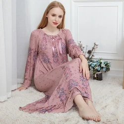 Modal Nightdress Nighties Women Long-Sleeve Cotton Floral Printed Home Dress Sleepwear Sleeping Dress Loose Nightwear Plus Size