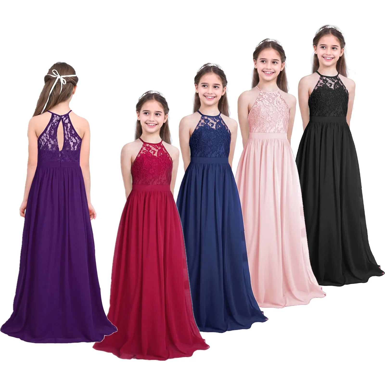 Flower Girls Dresses Girl Lace Chiffon Maxi Long Dresses Princess Wedding Bridesmaid Kids Dresses for Girls Child Summer Dress