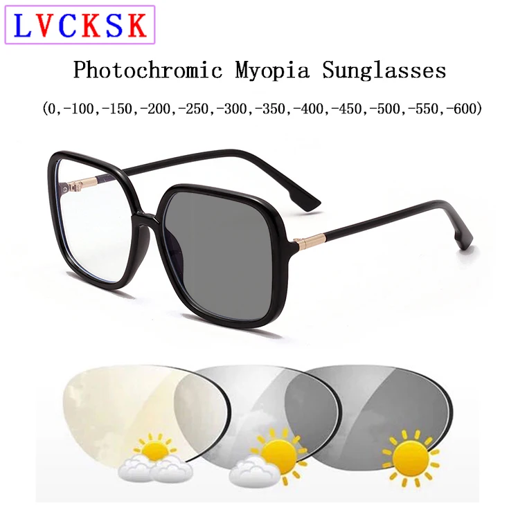 

Retro Large Square Frame Photochromic Myopia Sunglasses for Women Men Outdoor Travel Driving Nearsighted Sun Glasses -100~-600