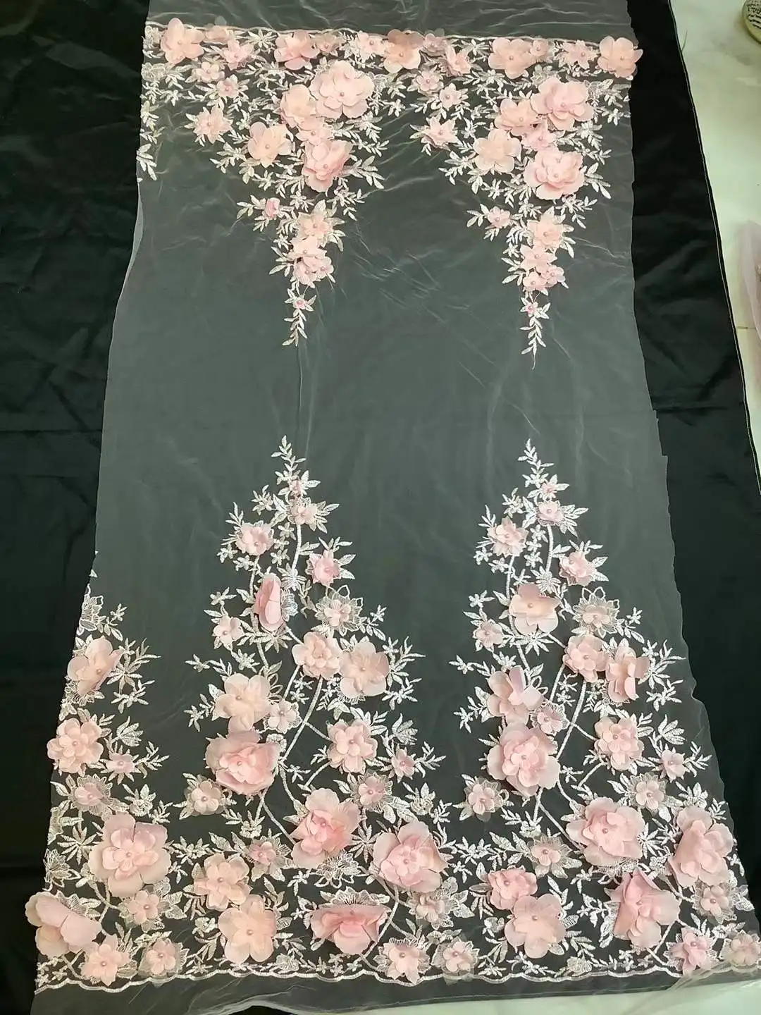 Beautiful Pink 3D Flower Fabric with Beads Embroidery, French Tulle Net Lace, Nigerian Wedding Dresses, Lace，Evening Dresses,