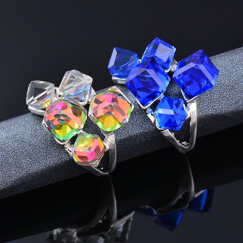 LEEKER Women Vintage Blue Color Cube Cubic Zirconia Rings Female Wedding Engagement Silver Color Jewelry Couple rings LK2