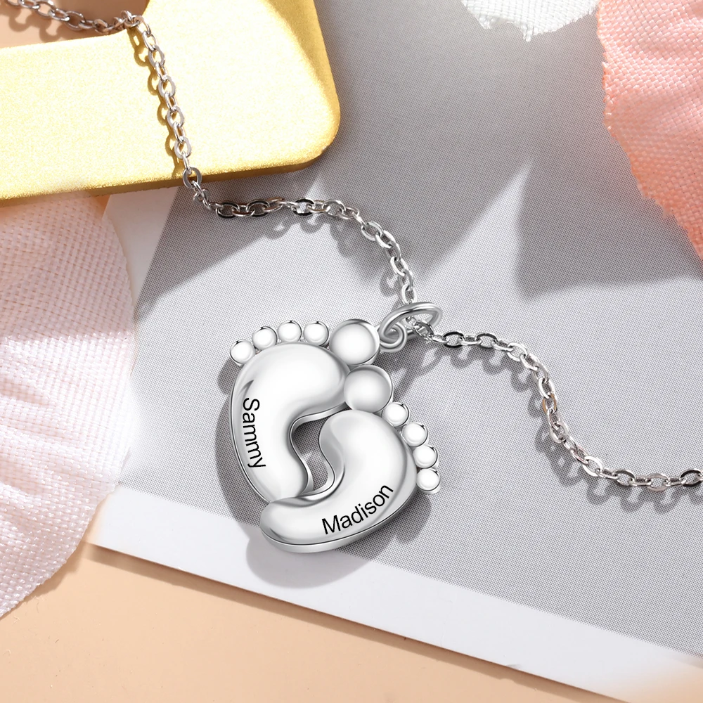 Personalized Baby Footprint Engraved Necklace with 2 Names Customized Kid Name Women Pendant Necklaces Jewelry Gifts for Mother