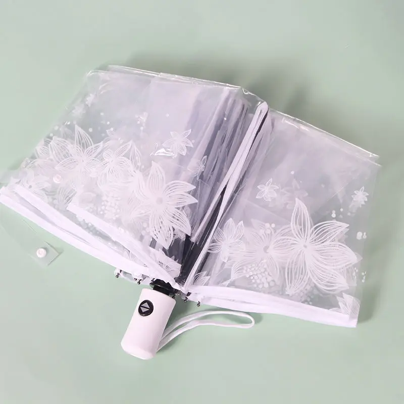 Fashion Thicken PVC Three Folding Transparent Automatic Clear Flower Printing Women Men Rain Umbrellas Girls Gifts Dropship