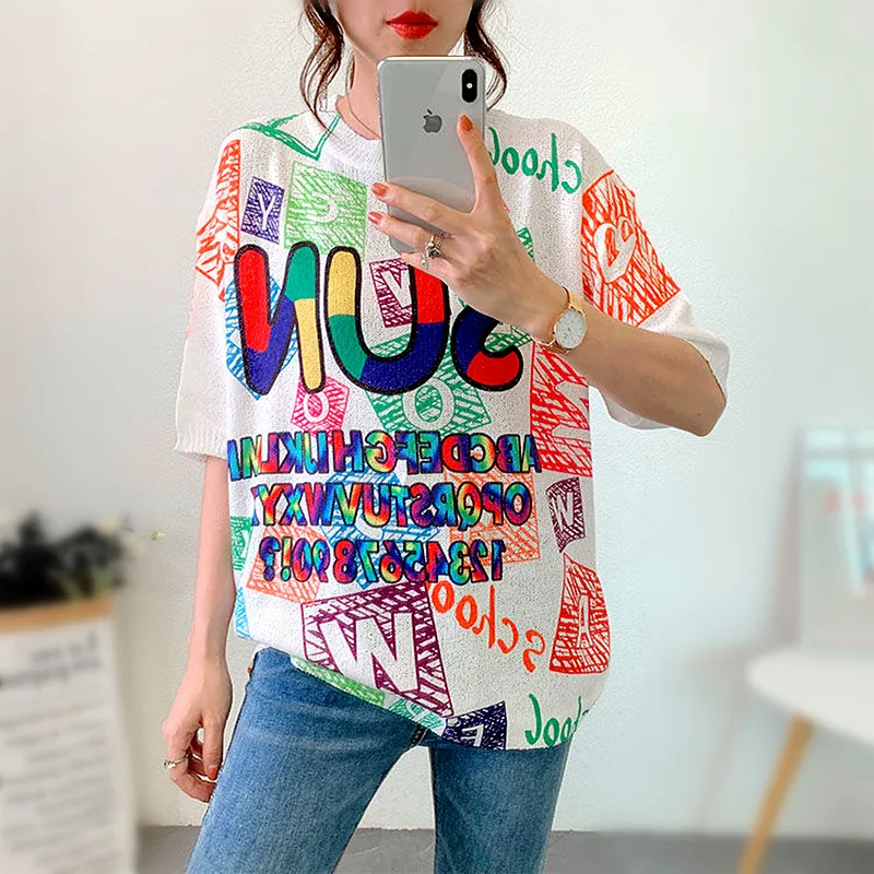 

Good Quality Knitted Women's Loose Tees Blouse Summer Colorful Letters Printed Female Maxi Blousa Shirts Tees Tops Ladies NZ109