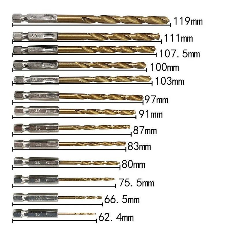 Sunshine  Makita HSS 13pcs 1/4 Hex Shank Titanium Coated Drill Bit Set 1.5-6.5mm